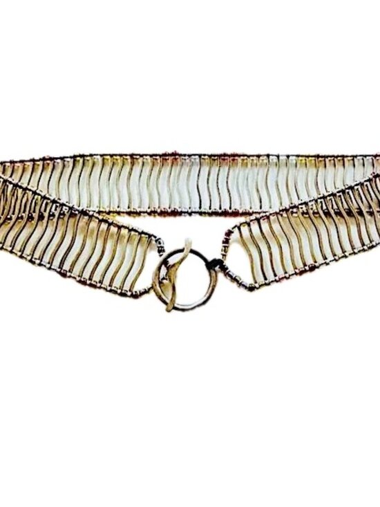 Burnished Silver Metal & Colorful Beaded Stretch Belt Womens M Unique 34\
